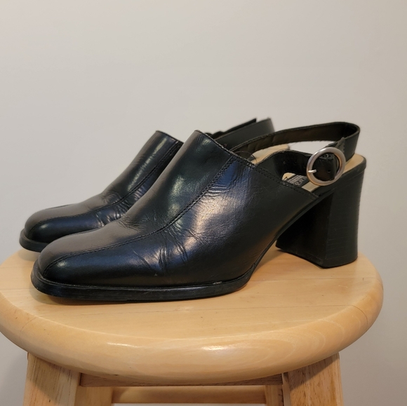 gorgeous black leather slingback loafers high heels row vintage BATA 90s y2k - Picture 4 of 5